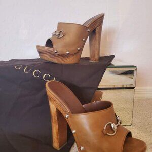 Gucci Brown Leather Mules with Wooden Heel